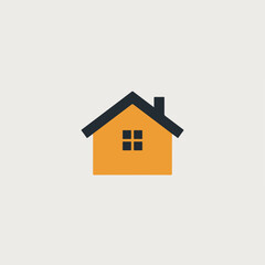 Simple house icon with orange walls, black roof, chimney, and a square window, isolated on a light background.