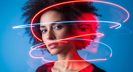 Ultra-Realistic Portrait of a people with Neon Double-Exposure Light Trails on Blue Background — Dynamic Motion Blur Photography