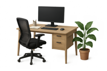 Modern office desk setup with computer, keyboard, mouse, chair and plant on transparent background