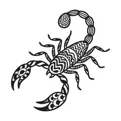  Intricate black and white scorpion illustration with tribal patterns. 