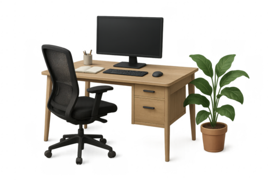 Modern office desk setup with computer, keyboard, mouse, chair and plant on transparent background