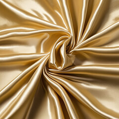 This image shows a twisted swirl of luxurious golden satin fabric. The smooth, shiny surface highlights the elegant folds and luminous sheen, creating a sophisticated and glamorous appearance perfect 