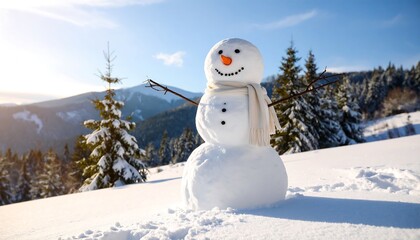 Snowman portrait against a serene winter landscape embodying holiday cheer and pristine beauty