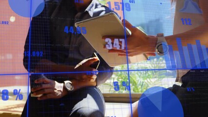 Man sipping coffee and woman scrolling tablet when data overlay updating percentages during review - Powered by Adobe