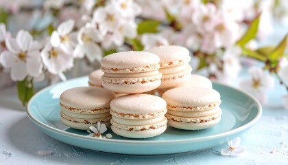 Pastel macarons stacked on blue ceramic dish with delicate floral background for sweet dessert and confectionery presentation.