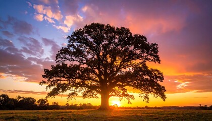 Fototapeta premium Silhouette of a majestic oak tree against a vibrant sunset sky painting with warm hues
