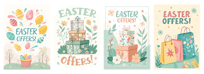 Obraz premium Colorful Easter-themed illustrations featuring eggs, gifts, and floral designs with a cheerful atmosphere.