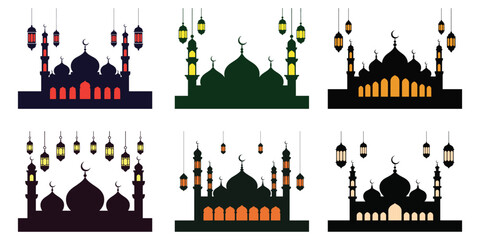 Six Islamic Mosques with Hanging Lanterns in Various Colors on White Background religion faith