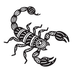  Intricate black and white scorpion illustration with tribal patterns. 