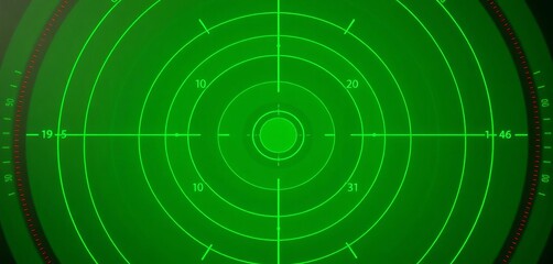 Green radar screen displaying blips and sweeps, electronic, scan