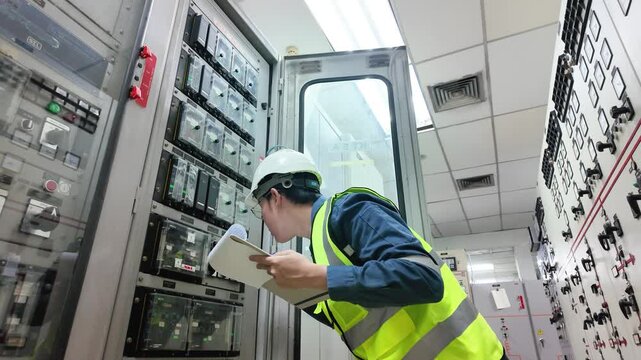 Substation engineer inspection of electrical protection relay systems control room safety technician worker ensuring operational efficiency with professional expertise and focused attention