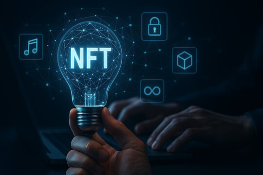 A hand holding a light bulb with the NFT acronym, representing a non-fungible token, blockchain technology, and the future of digital art and assets