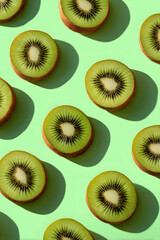 Fototapeta premium Kiwi slices arranged in geometric pattern on pastel green background create fresh, vibrant, and modern visual with natural texture and healthy appeal