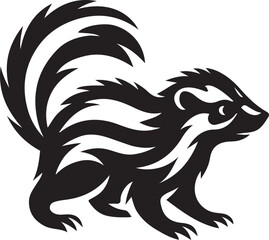 Skunk silhouette facing right with striped tail, Black and white skunk animal design