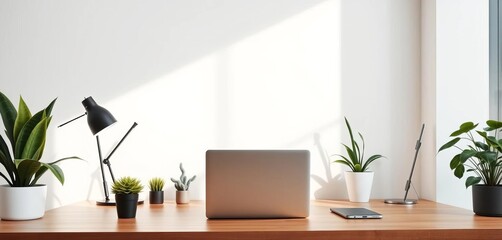 Modern home office setup with laptop and plants, plant pot, workspace