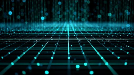 Digital Grid and Data Streams: An illuminating, dynamic rendering of data visualization features a grid of connected lines and cascading digital streams. - Powered by Adobe