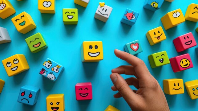 A hand reaches towards colorful emoji blocks on a blue background. The blocks display various smiley faces and symbols, creating a playful and cheerful scene.