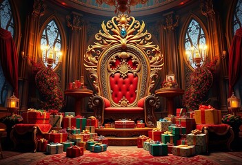 Ornate throne in a magically lit room, gifts overflowing,  glow,  north pole