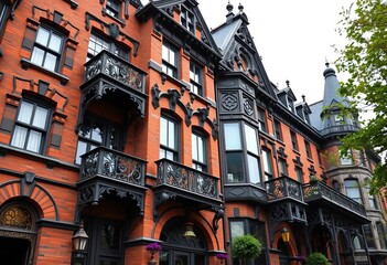 Fototapeta premium Ornate Victorian architecture, intricate detailing, aged brick facade, background, style