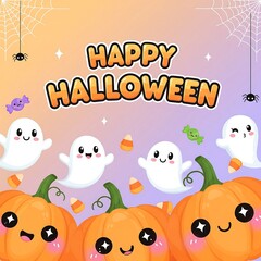 Fototapeta premium Cute ghosts and pumpkins celebrate happy halloween