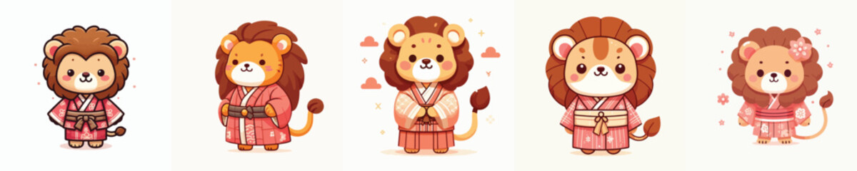 cute lion vector in kimono costume