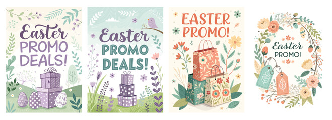 Colorful Easter promotional banners featuring gifts and floral designs, evoking holiday cheer.