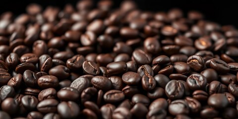 Rich, dark coffee beans close-up against a black backdrop,  macro,  mocha