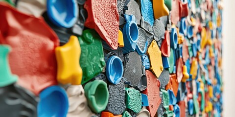 Obraz premium A colorful wall made of recycled plastic bottles arranged in a hexagonal pattern. The bottles are painted in various bright colors like blue, red, yellow, and green