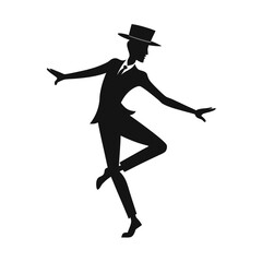 Silhouette of a man in a hat and suit dancing, jazz, tap, swing, ballet, performance, artistic, elegant pose, dynamic movement, isolated background