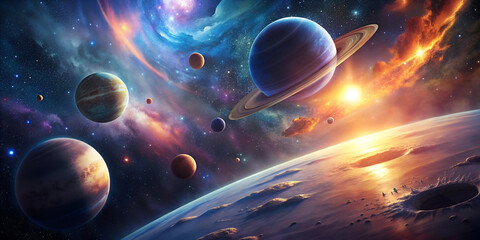 Space scene with planets and glowing nebula