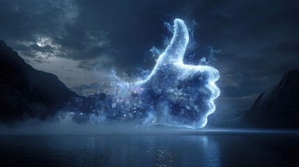 Ethereal blue glowing thumb up symbol emerging from smoky mist over reflective water