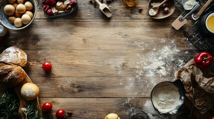 Rustic wooden table decorated with Christmas ornaments spices and baking ingredients