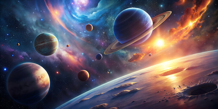 Space scene with planets and glowing nebula