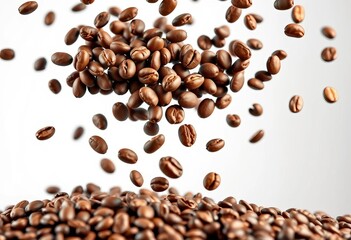 Obraz premium Roasted coffee beans falling in mid-air, isolated on white and black backgrounds, coffee, splash
