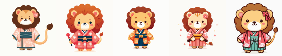 cute lion vector in kimono costume