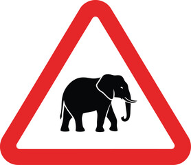 Obraz premium Warning sign depicting an elephant in a red triangle, isolated on white background, indicating the presence of elephants in the area and caution for drivers