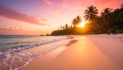 Pastel sunset over pink sand beach with soft colourful sky and tranquil tropical coastal scenery for serene nature landscape.

