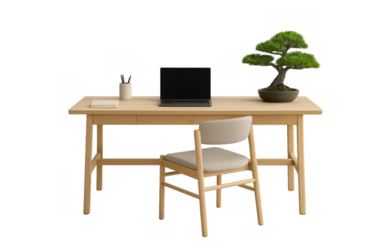Modern wooden desk with laptop, bonsai tree, and chair on transparent background