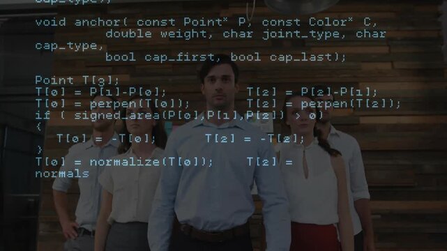 Opening showing five developers under pendants demonstrating code scrolling over wood-panel wall
