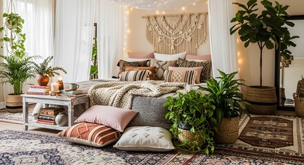 bohemian luxury bedroom with layered textiles, indoor plants, canopy bed, patterned rugs, soft fairy light accents, eclectic yet upscale design