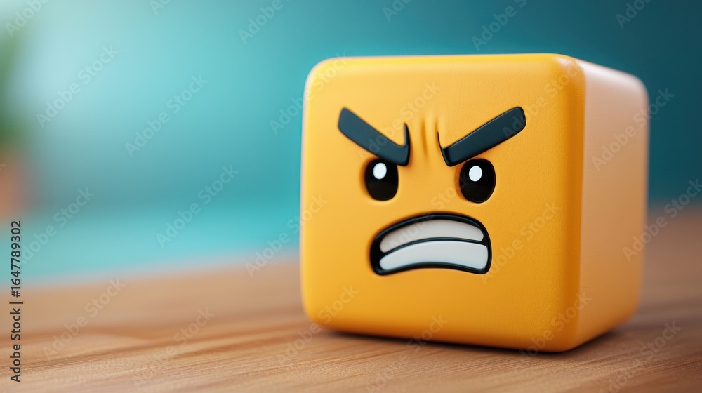 Wall mural a yellow cube with an angry face emoji on a wooden surface against a blurred blue background. the cu