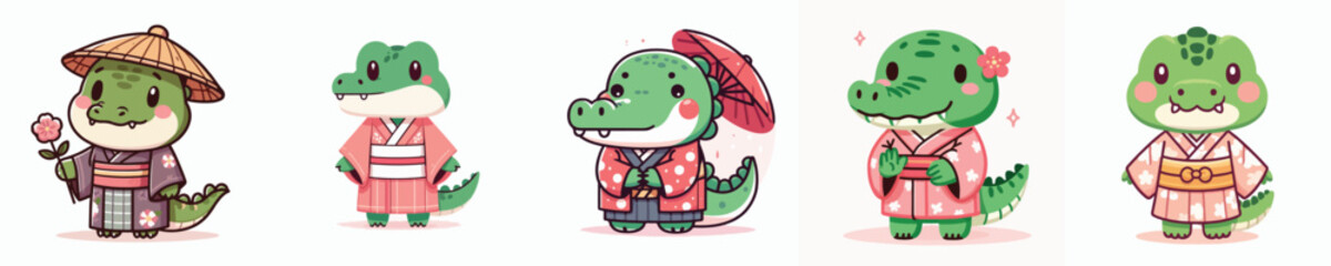 cute crocodile vector in kimono costume