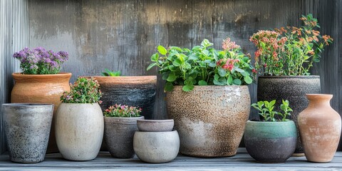 A variety of potted plants arranged on a wooden surface against a rustic wooden backdrop. The pots vary in size, shape, and material, showcasing a mix of terracotta and ceramic styles. 