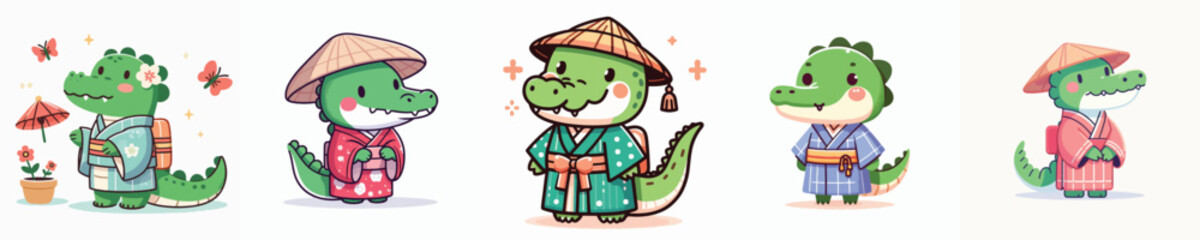 cute crocodile vector in kimono costume