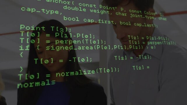 Technology team examining overlaid code initiating API call on phone and reviewing data