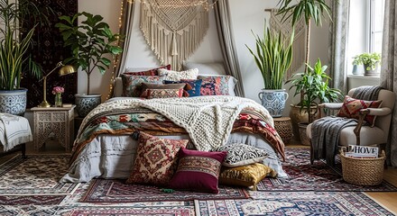bohemian luxury bedroom with layered textiles, indoor plants, canopy bed, patterned rugs, soft fairy light accents, eclectic yet upscale design
