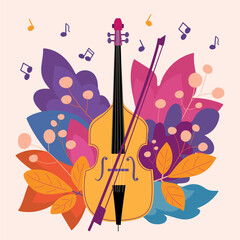 An illustration with  Cello  surrounded by a pile of colorful autumn leaves in purple, orange, yellow , pink tones and stands out against a light background. For banners, invitation, postcards