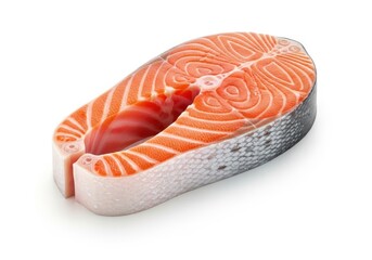 Vibrant raw salmon steak with visible marbling and skin on white fish food