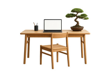 Modern home office setup with laptop showing blank screen, bonsai tree, and wooden furniture on transparent background