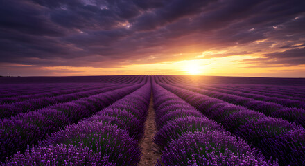 Breathtaking sunset over a vibrant purple lavender field in full bloom, with rows stretching towards the colorful and dramatic horizon.